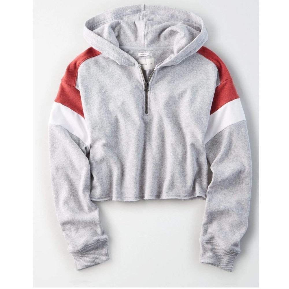 American Eagle Cropped Quarter Zip Hoodie Colorblock Gray White Red Size XXS